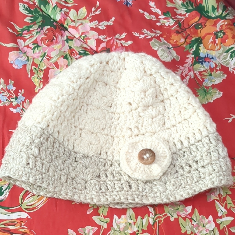 Cream and Gray Crochet Beanie with Button